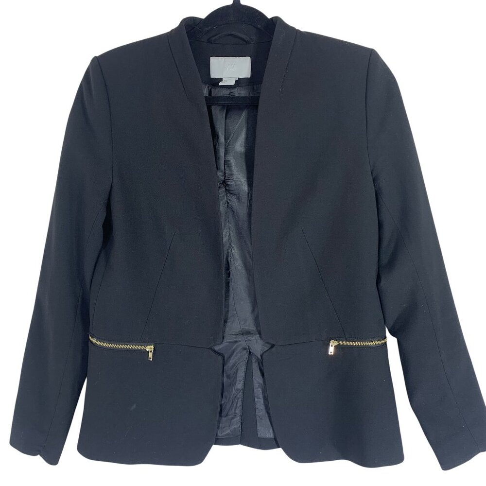 H&M Black Women's  open front cropped Blazer with Gold Zipper Accents size 6